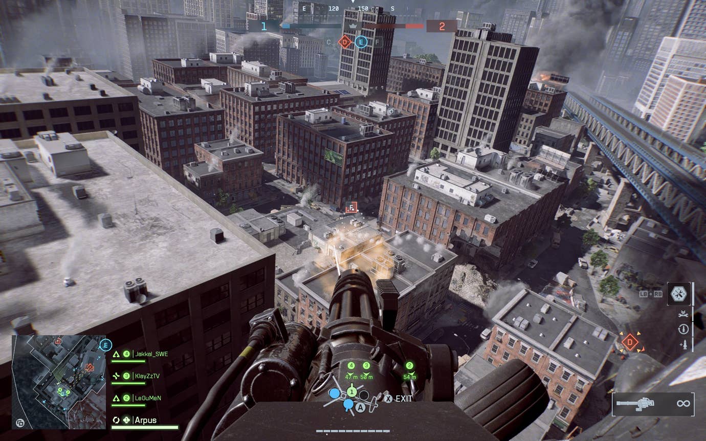 A view from the gunner seat of a helicopter circling a city block with an objective in it from Battlefield 6.